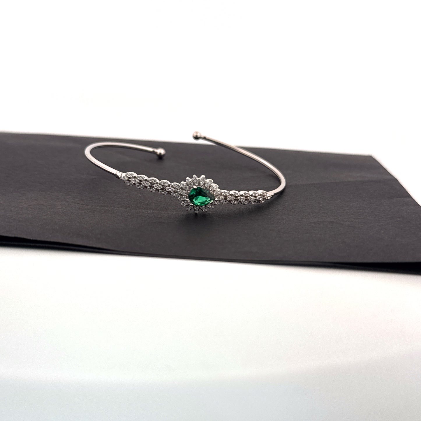 Synthetic emerald halo 925 silver rhodium cuff bangle — cool-toned scalloped bridal statement. - image 1