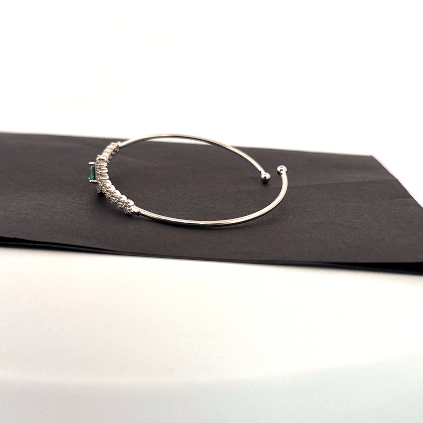 Synthetic emerald halo 925 silver rhodium cuff bangle — cool-toned scalloped bridal statement. - image 2