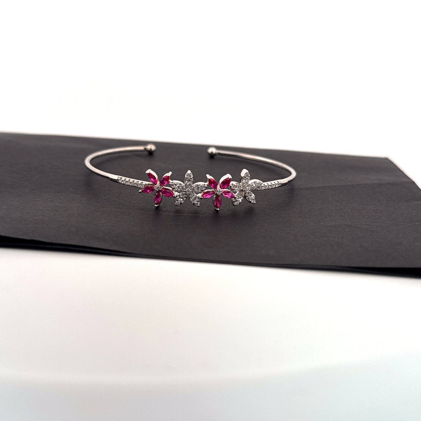 Synthetic ruby marquise 925 silver rhodium floral cuff — bold crimson for weddings. - image 1