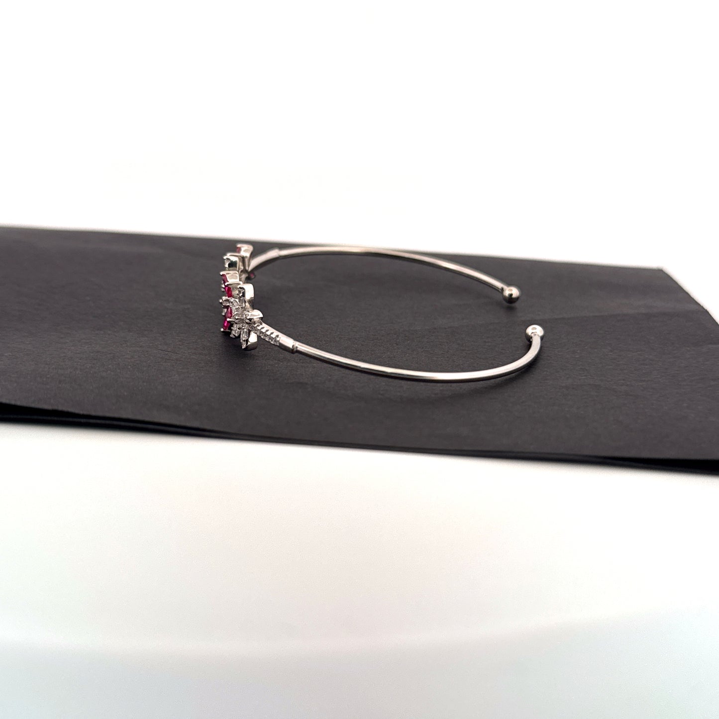 Synthetic ruby marquise 925 silver rhodium floral cuff — bold crimson for weddings. - image 2