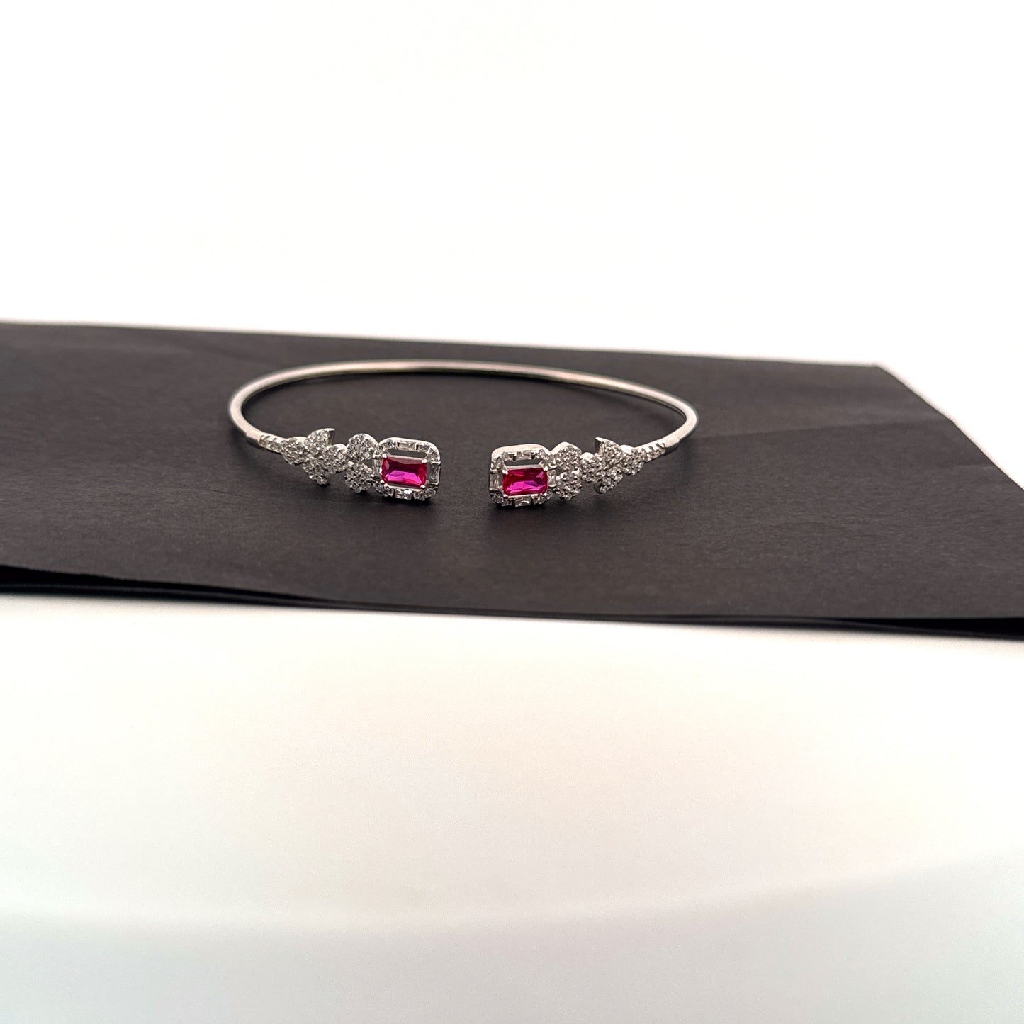 Dual synthetic ruby & white AD 925 silver bypass cuff — vivid crimson for weddings & gifting. - image 1