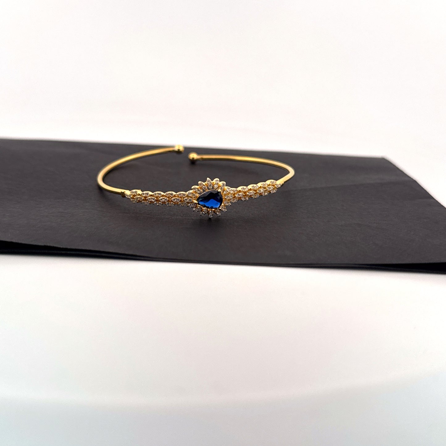 Synthetic blue sapphire sunburst 925 silver gold cuff bangle — regal halo for weddings. - image 1
