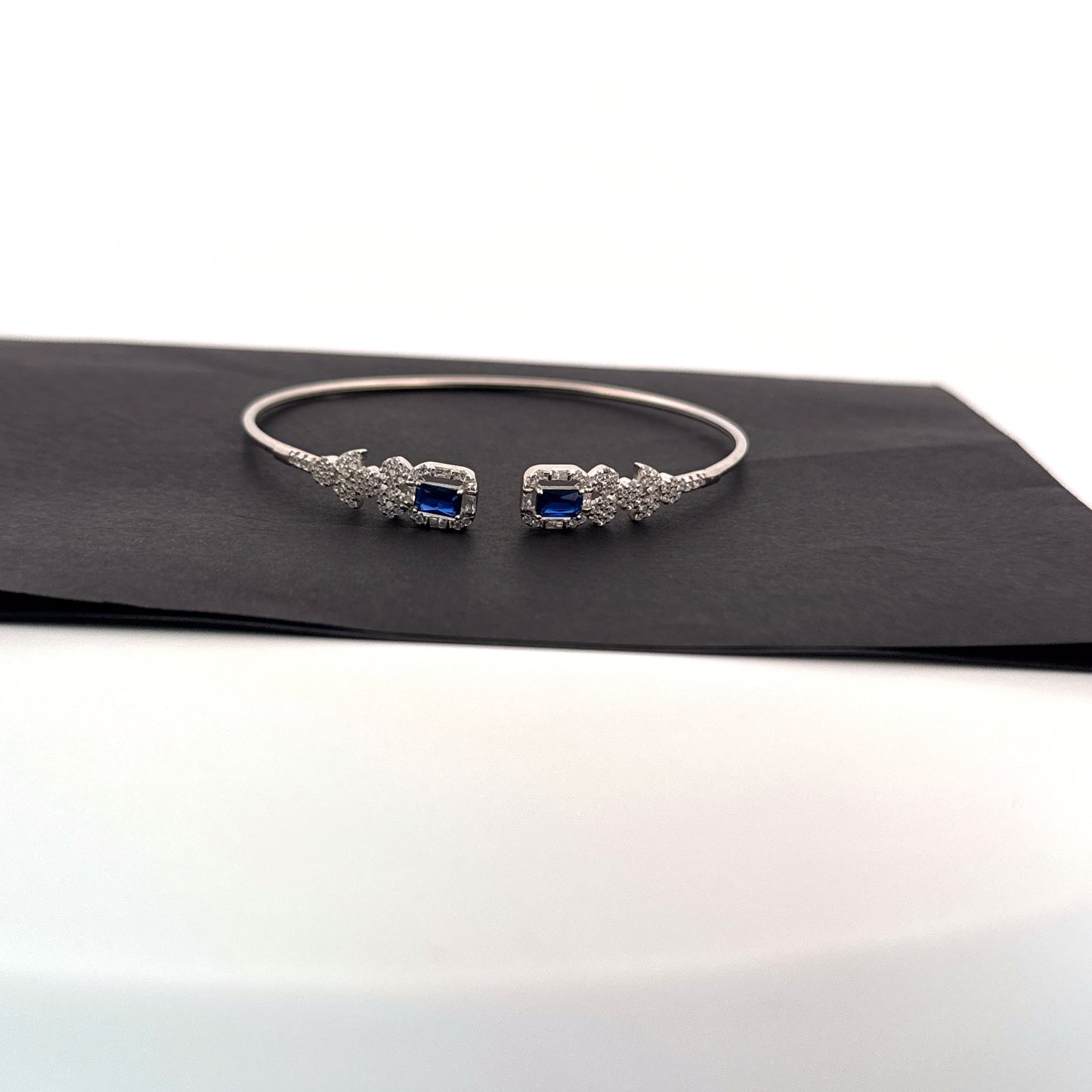 Dual synthetic blue sapphire & white AD 925 silver cuff bangle — deep-hued bridal elegance. - image 1