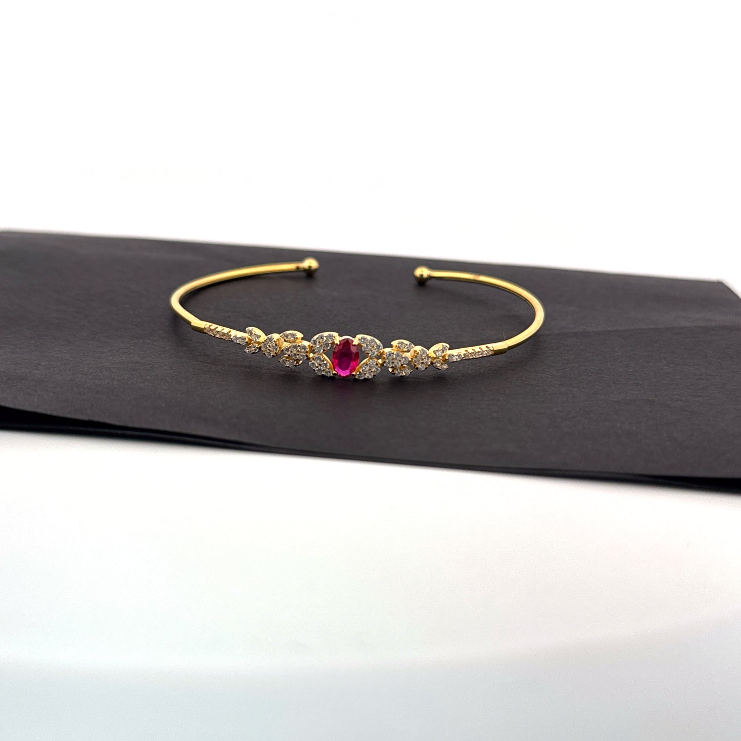 Synthetic ruby & white AD 925 silver gold floral cuff bangle — rich crimson for weddings. - image 1