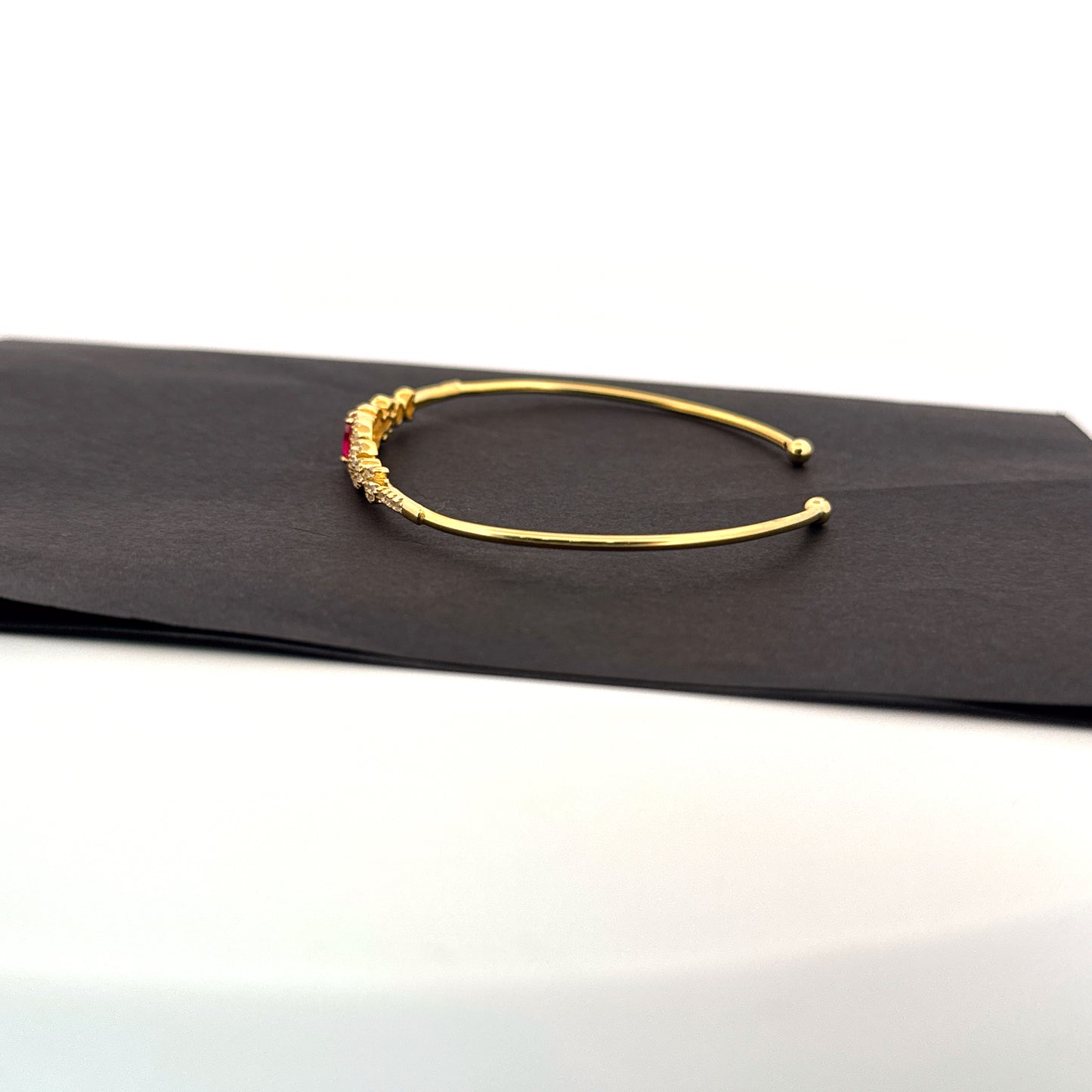 Synthetic ruby & white AD 925 silver gold floral cuff bangle — rich crimson for weddings. - image 2