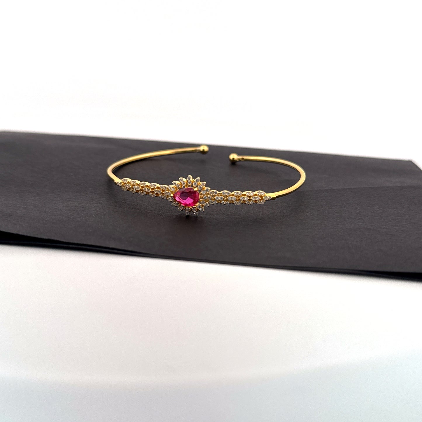 Synthetic ruby sunburst halo 925 silver gold scallop cuff — fiery centrepiece for weddings. - image 1