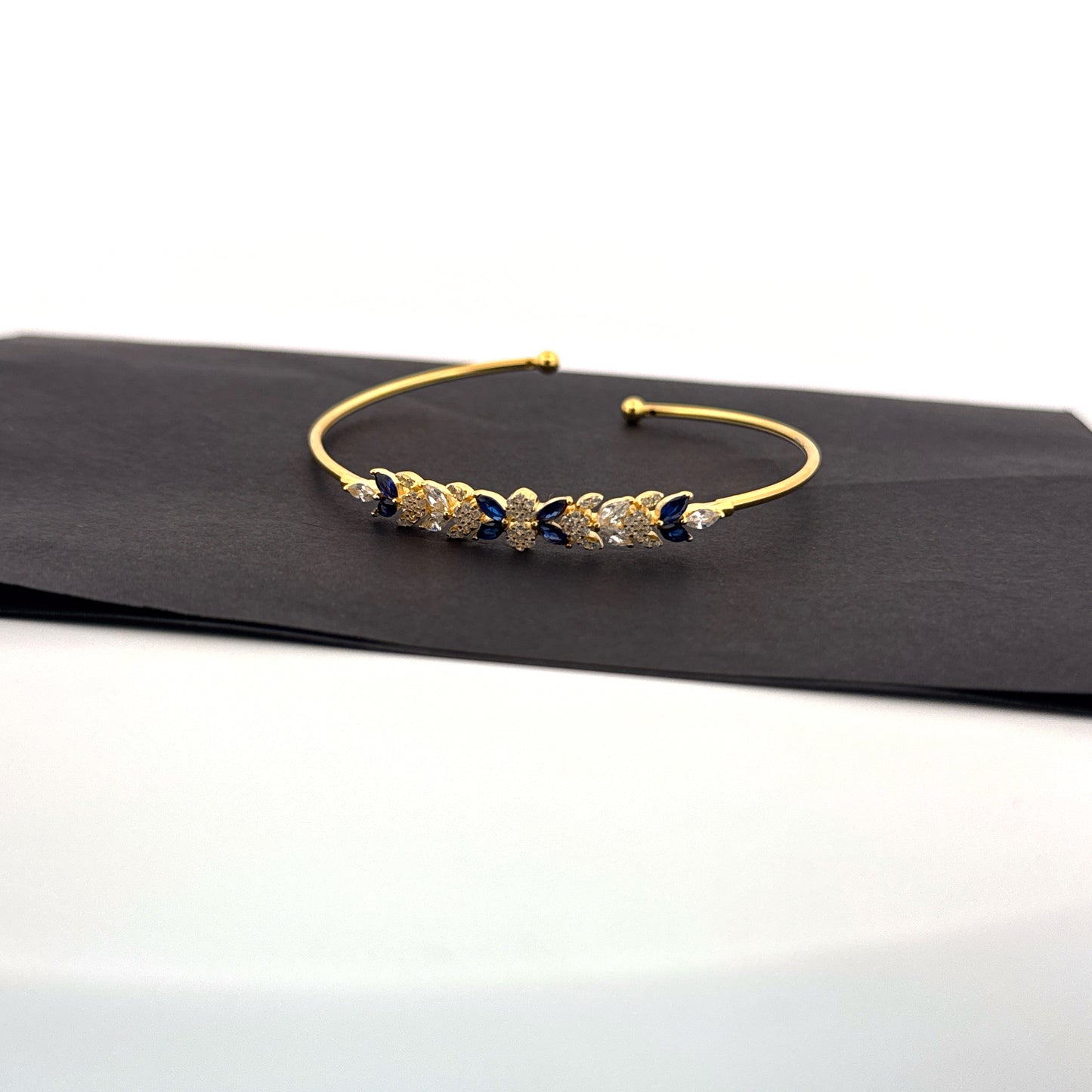 Synthetic blue sapphire & white AD 925 silver gold floral cuff — jewelled garden for weddings. - image 1