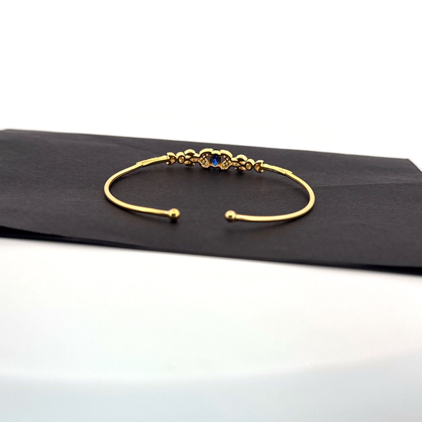Synthetic blue sapphire & white AD stone gold-plated 925 silver cuff bangle — festive and wedding elegance. - image 3
