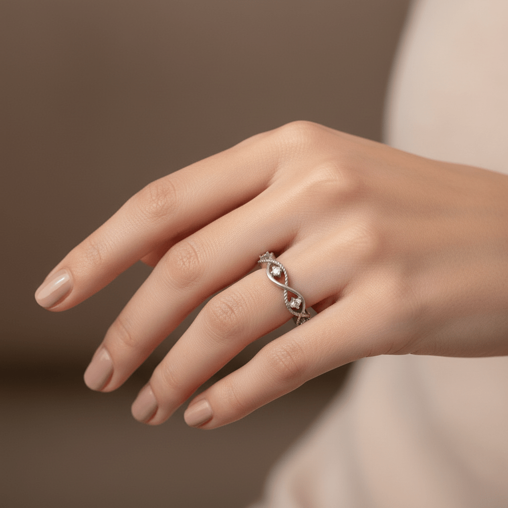 White AD Stone Ring on Finger